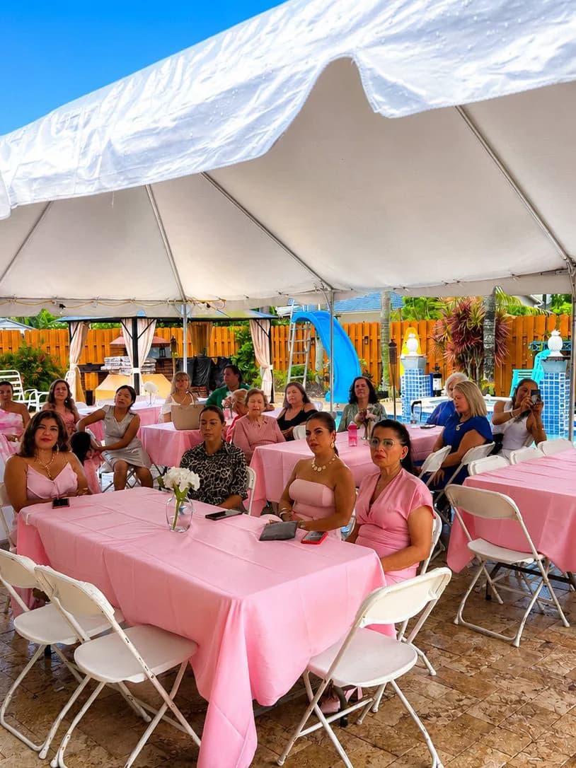 Guests under the marquee at the garden tables
